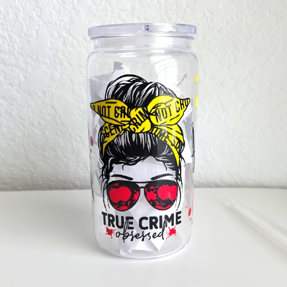 True Crime Obsessed Acrylic Tumbler with Yellow and Red Design 16oz